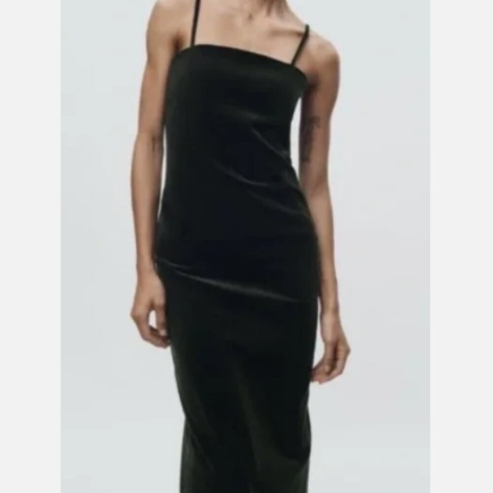 ZARA Green Velvet Bodycon Midi Dress - Slit Straight Neck Sleeveless - Size L